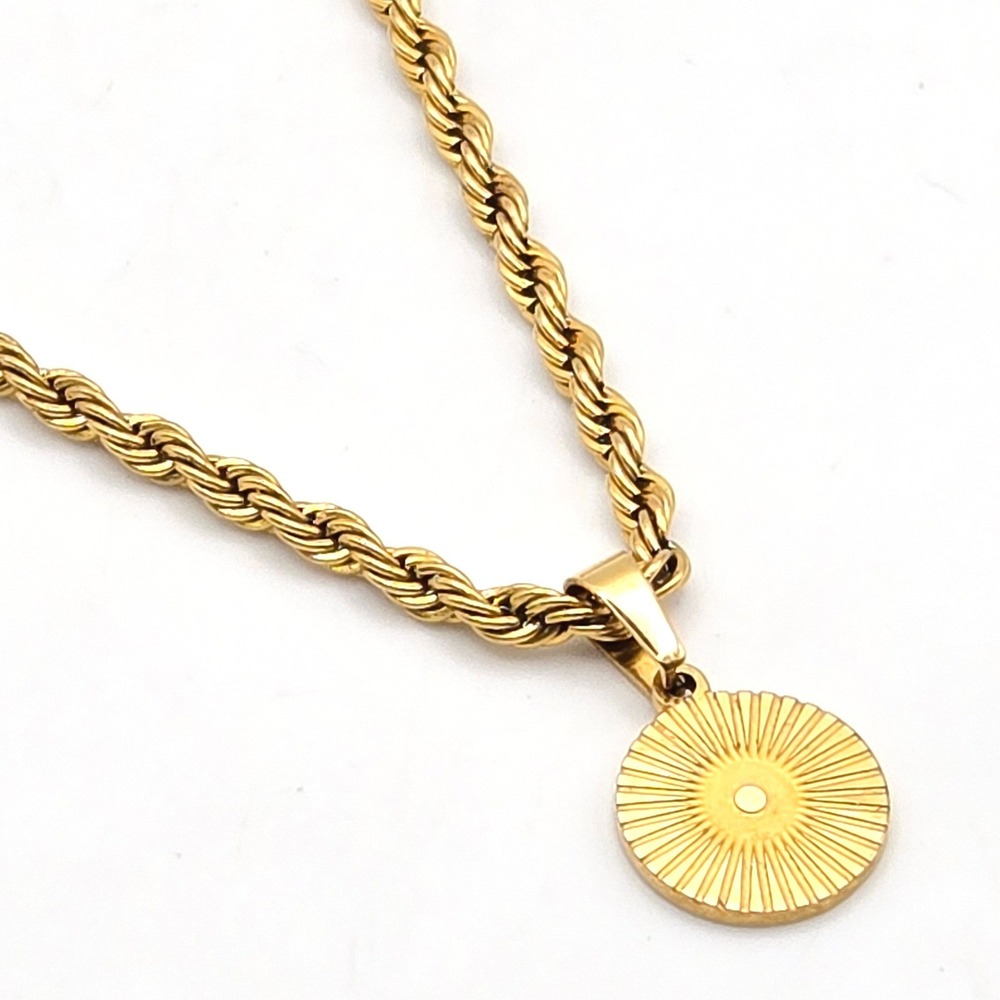 Gold Tone Sunburst Medallion Pendant Rope Chain Necklace Adjustable 16-19 inch
